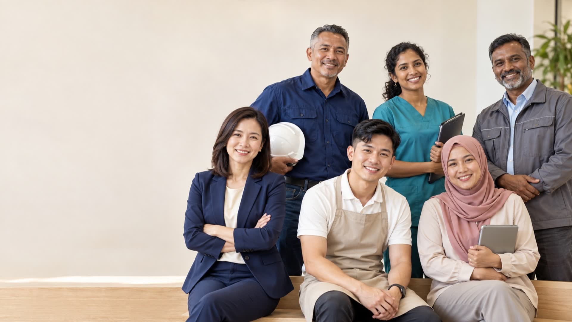Illustration: six colleagues from different kinds of workplaces, smiling