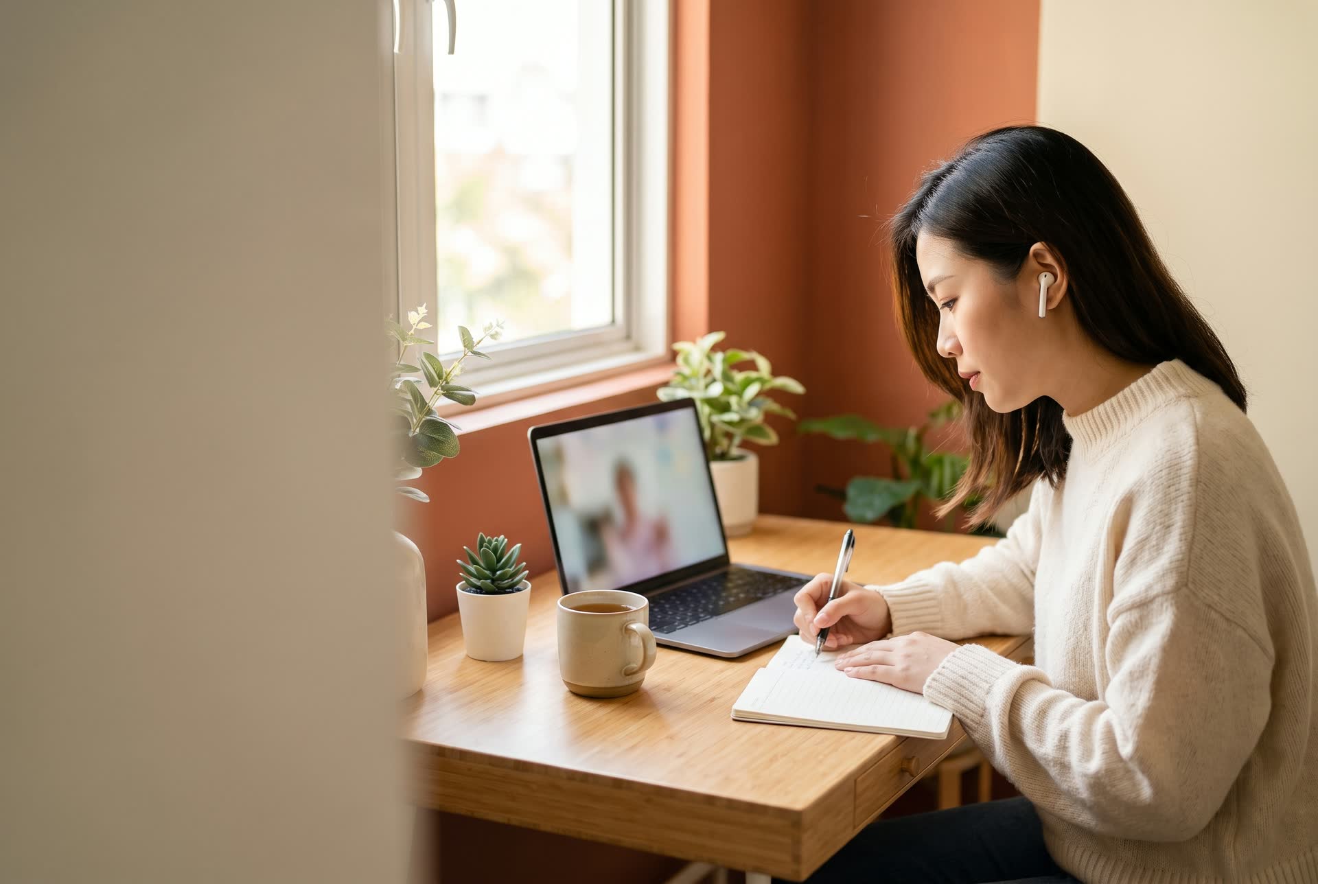 示意图:学员在自己的办公桌前,一边上线上课程一边做笔记