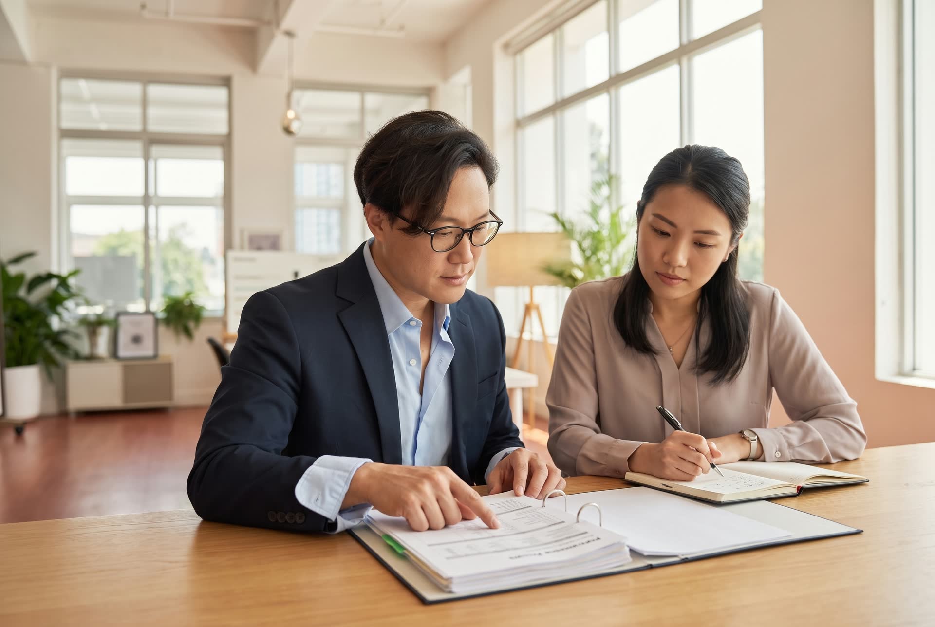 示意图:总经理与人力资源专员一起审阅员工绩效记录